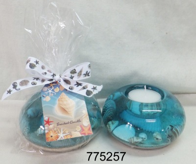 Glass T/L Holder w/Bule Gel&Seashells inside玻璃T/L烛 Glass,Holder,w/Seascapes,inside,烛台,果冻,海螺,贝壳